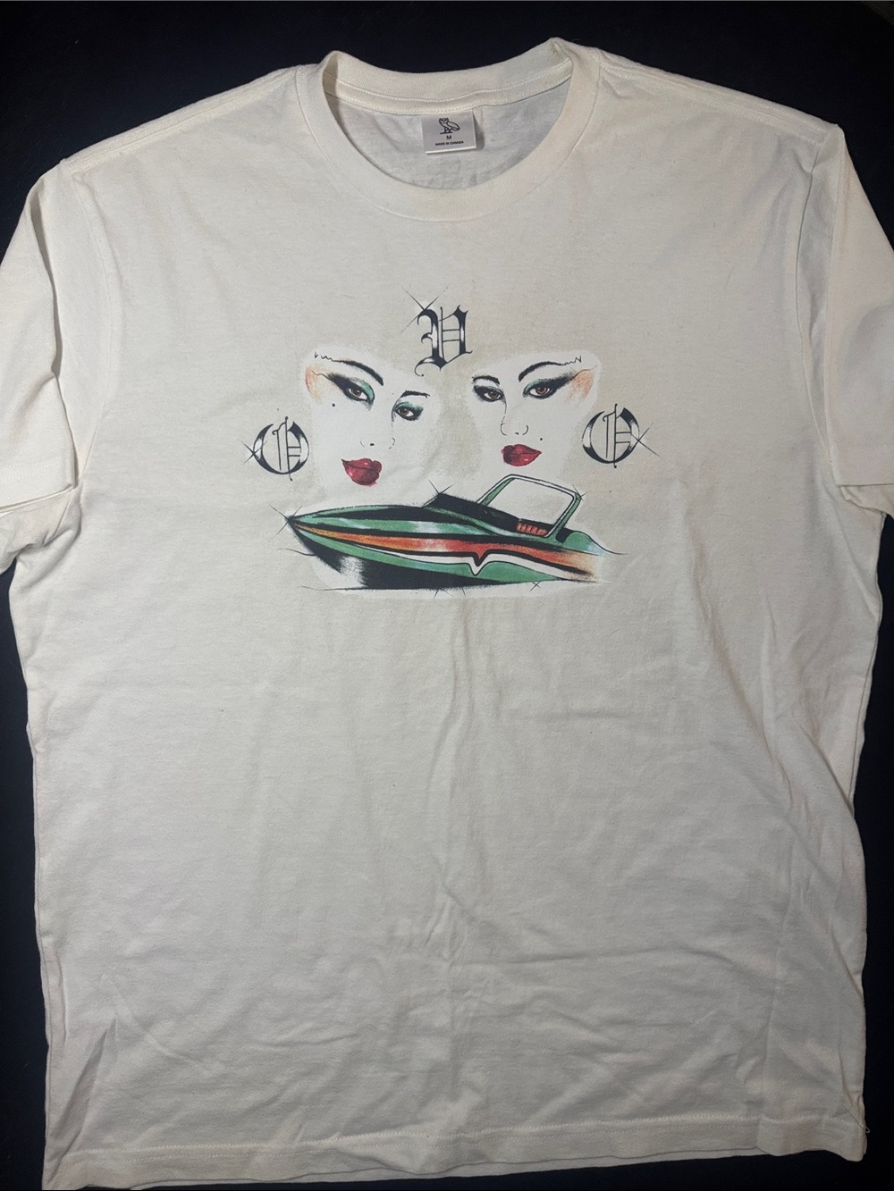 OVO White Short Sleeve Tee with Dual Faces & Graphic Boat
